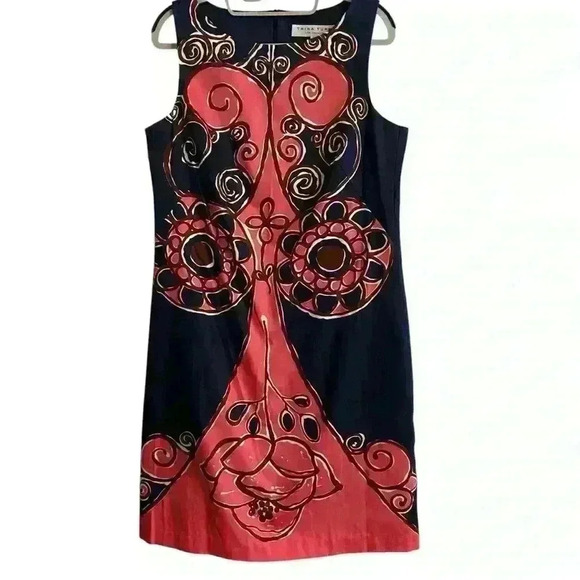 Trina Turk Sleeveless Shift Midi Dress Size 8 Navy Pink Abstract Career Shower - Picture 4 of 13